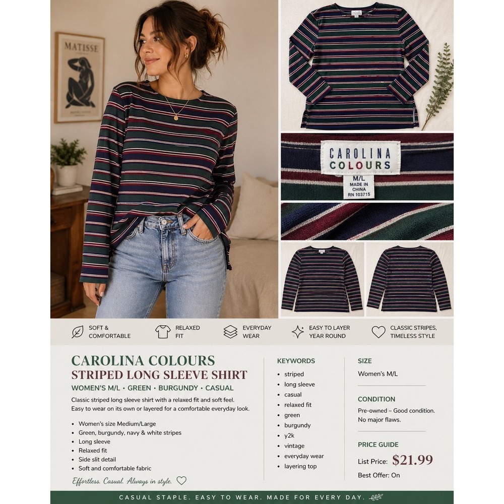 Carolina Colours Striped Shirt Womens M/L Green Burgundy Good Long Sleeve Slit